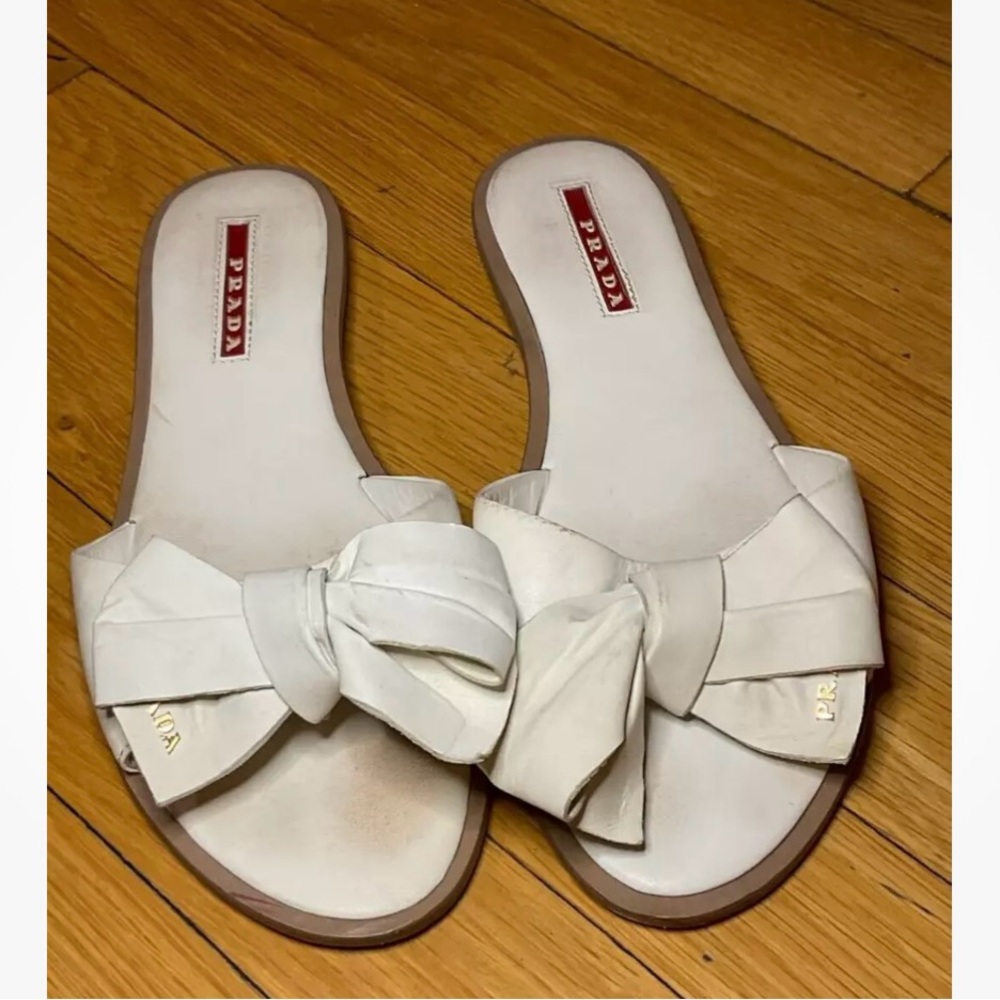 Prada White Bow Slide Sandals
